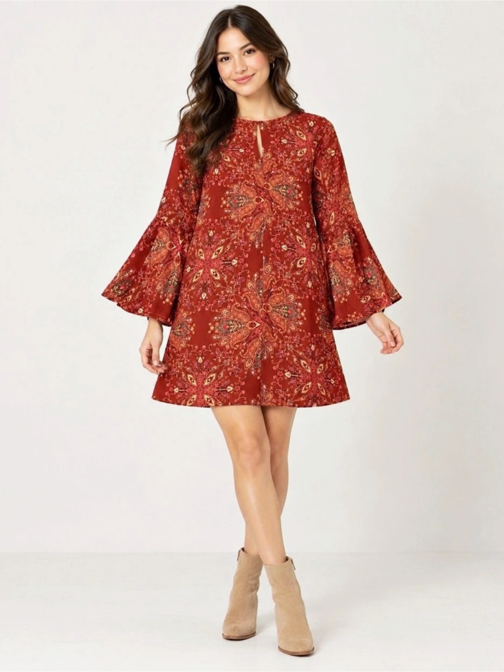 altar’d state Boho Paisley Bell Sleeve Shift Dress Rust Red Size Small